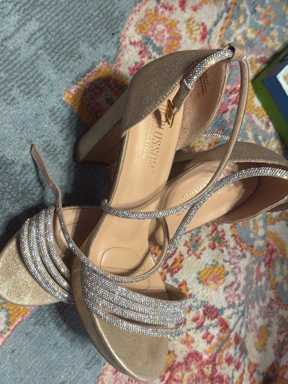 Aldo Metallic Gold Rhinestone Strappy Block Heels